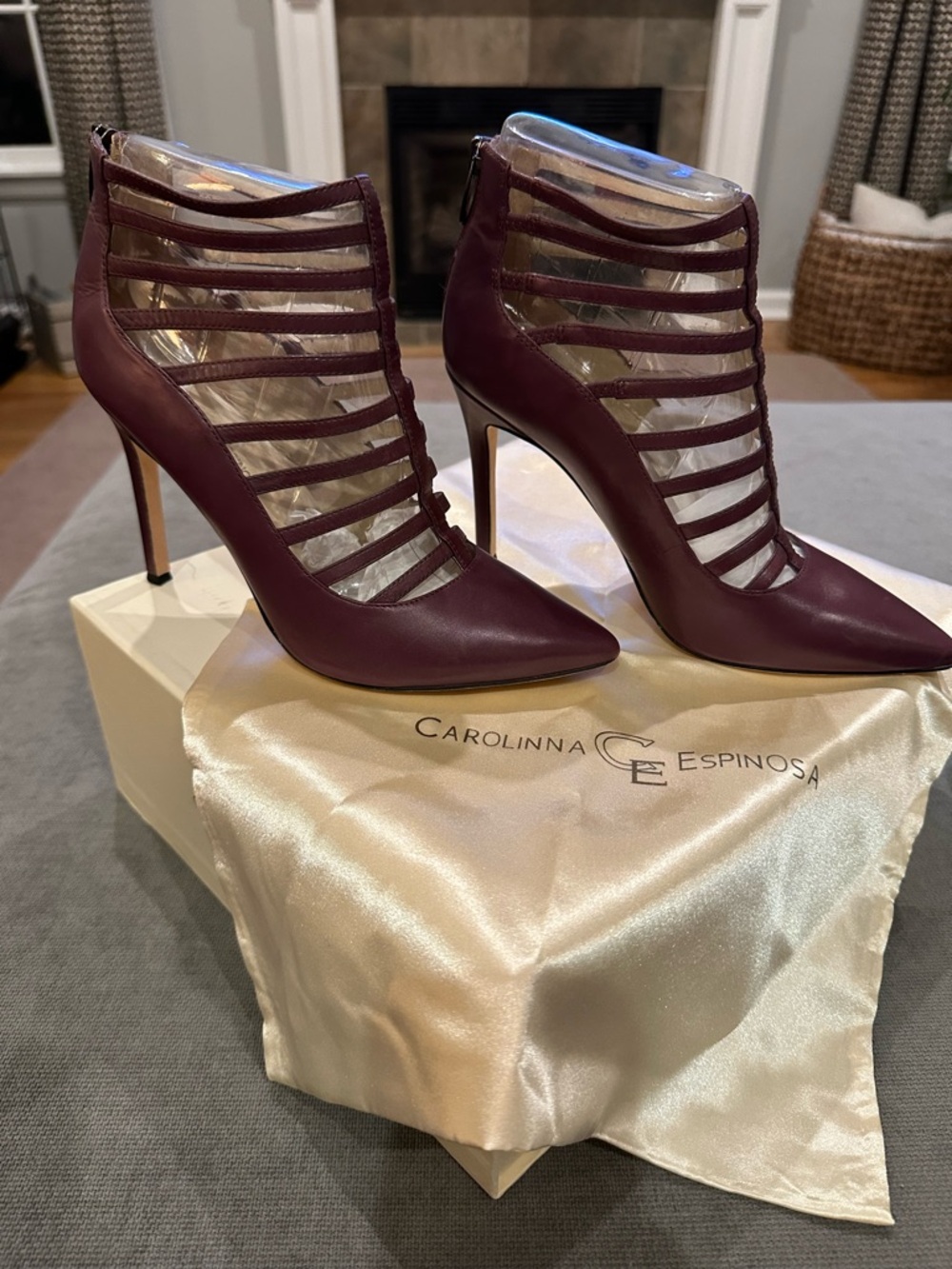 Burgundy Strappy Pointed-Toe Stiletto Booties